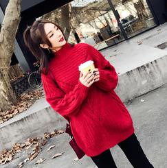 时尚孕妇装冬季韩版宽松加厚圆领镂空提花大红色孕妇毛衣外套